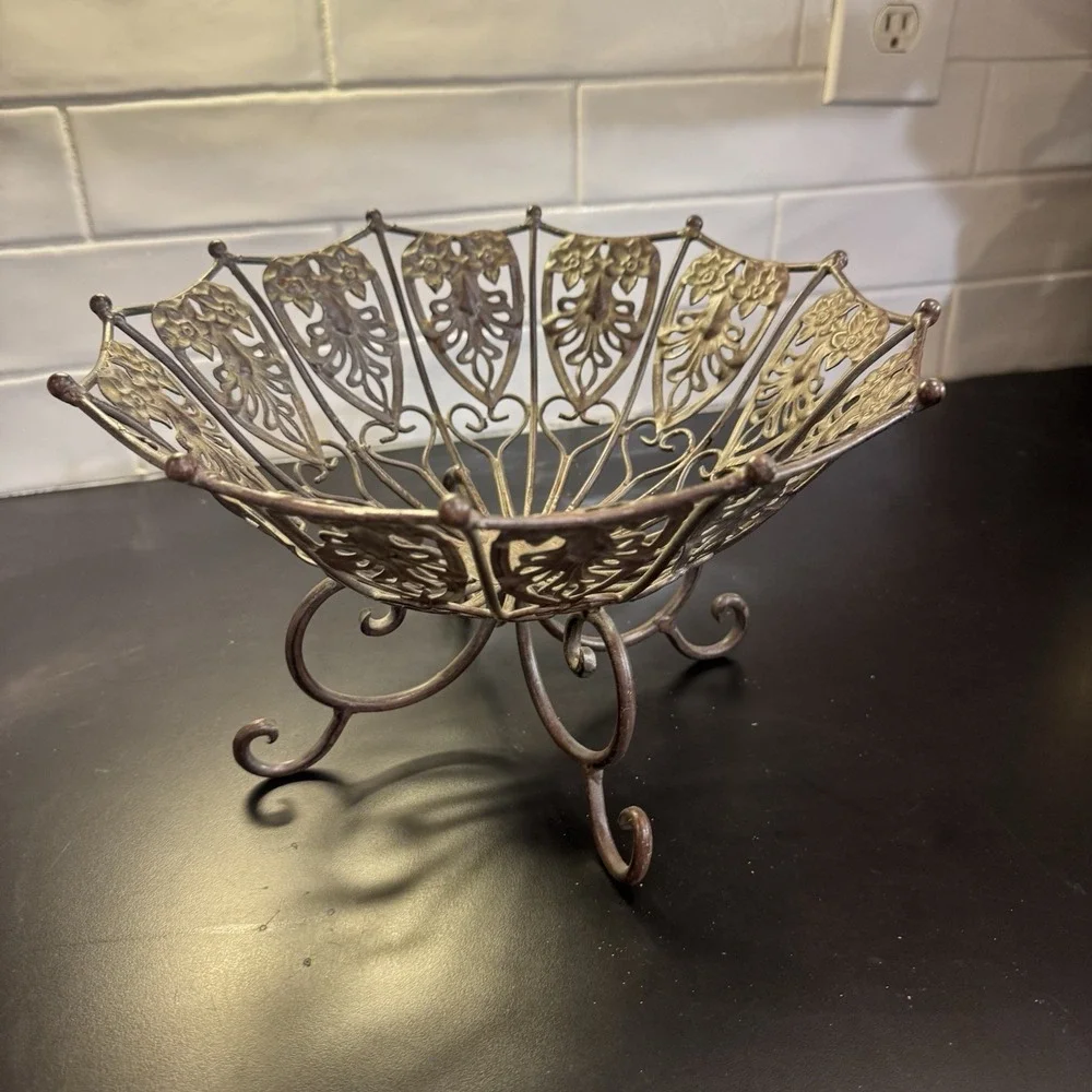 Vintage Iron Scroll Design Brown Metal Fruit Bowl Footed Pedestal Basket